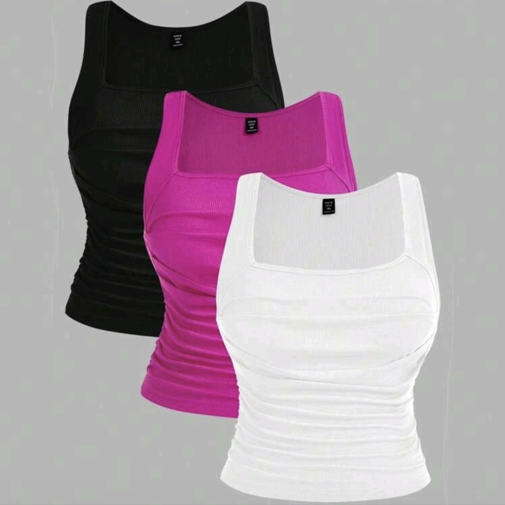 SHEIN Ribbed Tank Tops - Black, Fuchsia, White